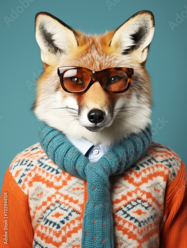 A fox in glasses and a winter sweater. The concept blends animal traits with human fashion.