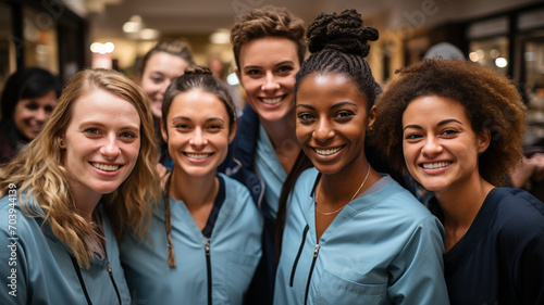 Portrait of a diverse group of doctors and medical workers in a hospital with a stethoscope photo