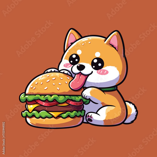 Cute Shiba Inu dog eating fast food  cartoon mascot vector illustration
