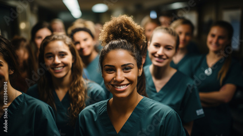 Portrait of a diverse group of doctors and medical workers in a hospital with a stethoscope