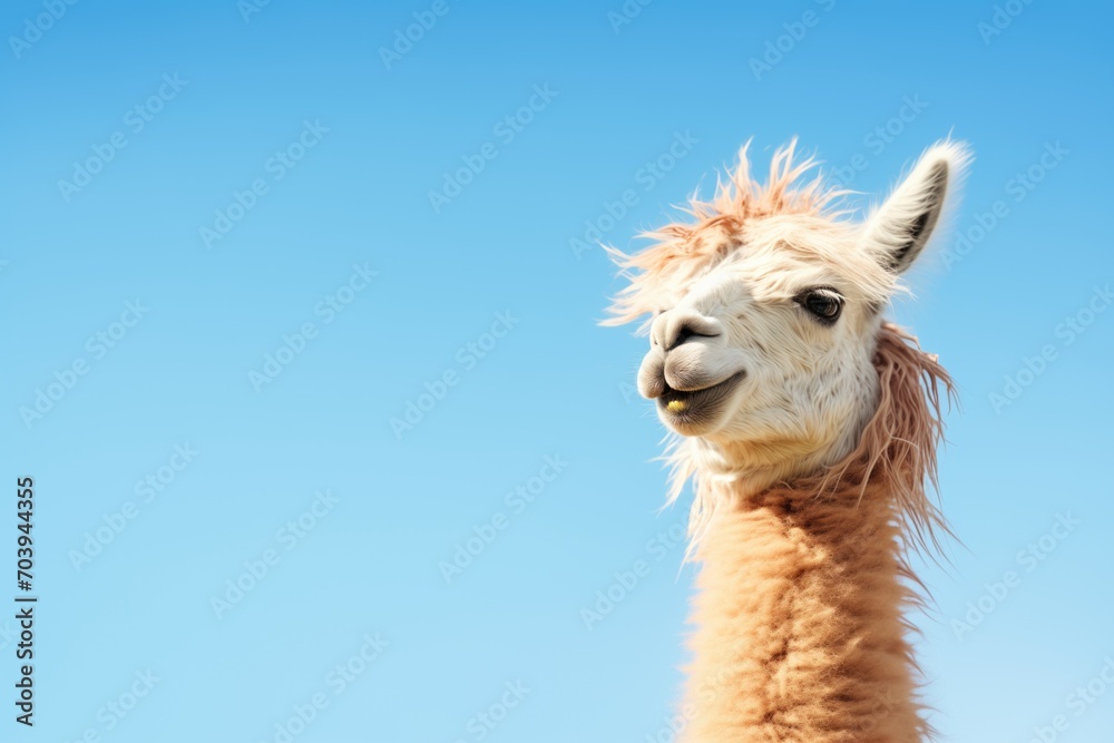 Obraz premium fluffy white llama against a clear blue sky background