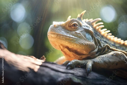 iguana basking in sunlight on a tree limb