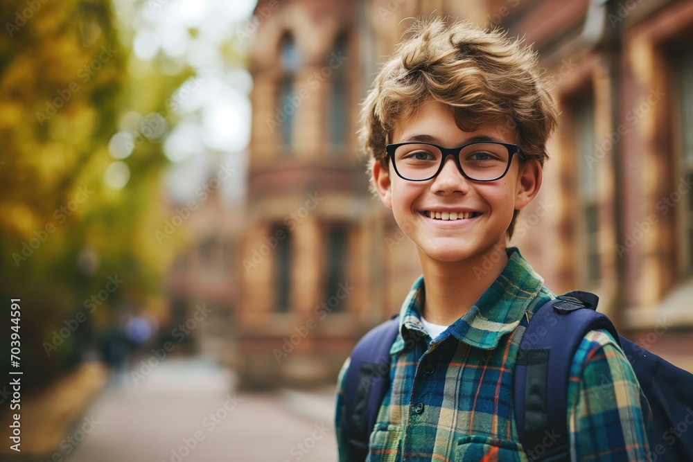 Smiling teenage boy with school bag in front of school Smiling teenage boy with school bag in front of school