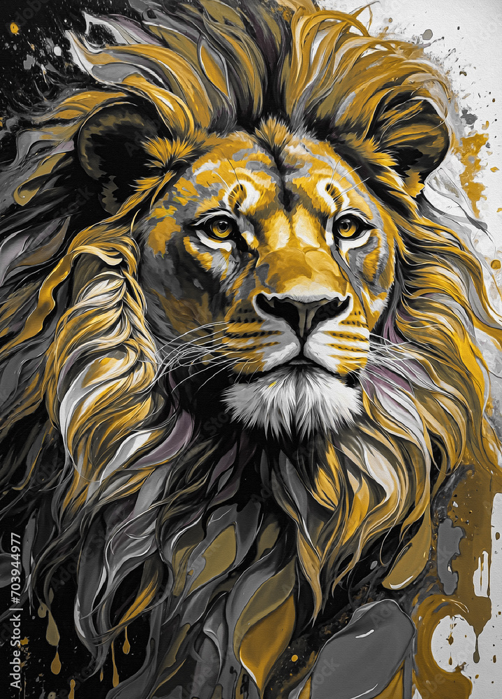 modern painting of golden lion head . The texture of the oriental style of gray and gold canvas with an abstract pattern. artist collection of animal painting for decoration and interior, canvas art.