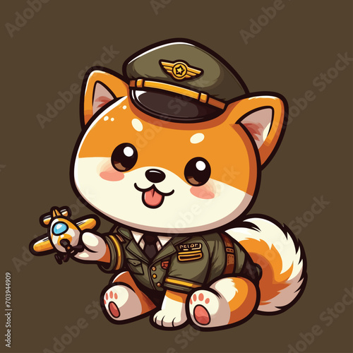 Cute Shiba Inu Pilot Playing Airplane Toys Vector Cartoon Illustration