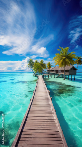 beautiful view of a tropical island with traditional wooden resort buildings  blue sky  expanse of sea  clear water and coconut trees created with Generative AI Technology