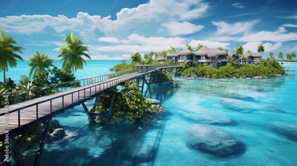 beautiful view of a tropical island with traditional wooden resort buildings, blue sky, expanse of sea, clear water and coconut trees created with Generative AI Technology
