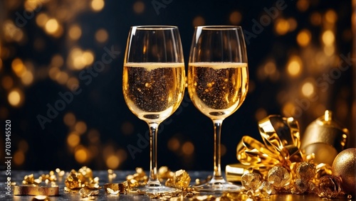 Glasses of champagne. Celebrating the New Year, Christmas. Black background with bokeh, gold ribbons and balls. Holiday wallpapers. Photo for postcards, greetings, holidays, invitations.