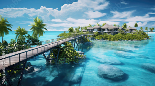 beautiful view of a tropical island with traditional wooden resort buildings, blue sky, expanse of sea, clear water and coconut trees created with Generative AI Technology © AstraNova
