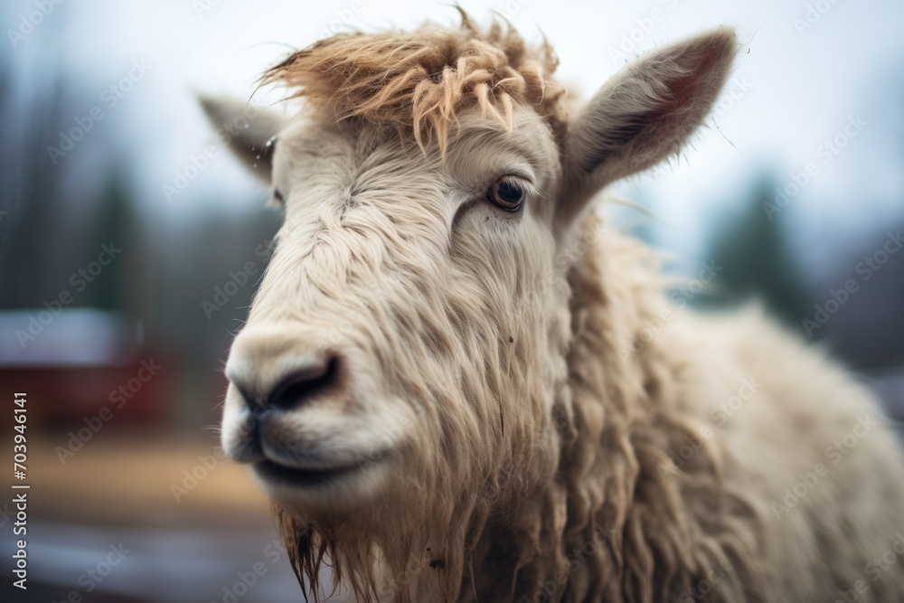 close-up of mountain goat with thick winter coat