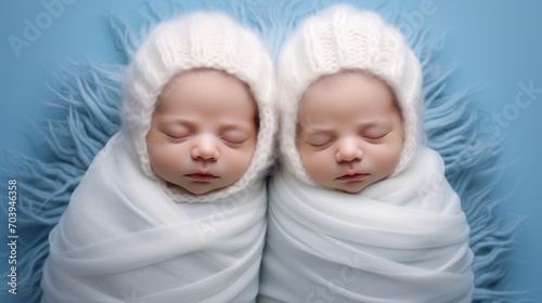 Top view of two sleeping newborn twin boys wearing white cocoons and a knitted hat on a blue background. Studio professional photography.