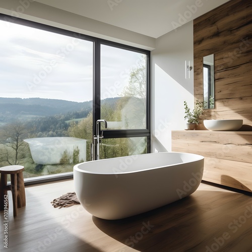A photo of a bathroom with a large freestanding bathtub positioned near a window with a beautiful view of the outdoors. The room has a modern and minimalistic style with natural wood accents, but a