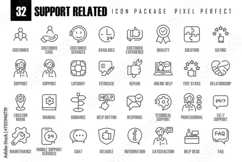 Customer Service and Support, Outline Icon Pixel perfect. Thin Line Set contains such Icons as Online Help, Helpdesk, Quick Response, Feedback and more. Simple web icons set.