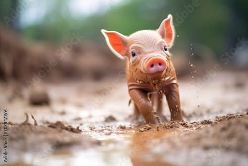 young pig playing in a mud bath photo