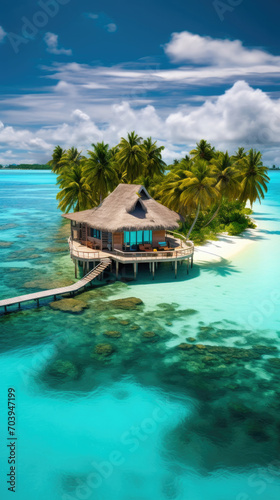 Beautiful view of a tropical paradise island with traditional wooden resort buildings, blue sky, expanse of sea, clear water and coconut trees created with Generative AI Technology