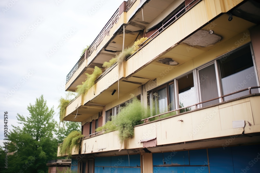 vacant apartment building with balconies overgrown