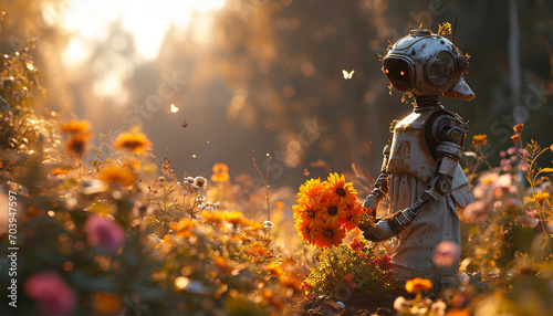 Robot picking flowers in wildflower field. AI face profile. Artificial intelligence in humanoid head take in hand artificial robotic flower. Sci-fi future concept. Computer neural network