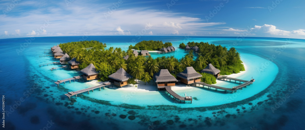 Beautiful view of a tropical paradise island with traditional wooden resort buildings, blue sky, expanse of sea, clear water and coconut trees created with Generative AI Technology - obrazy, fototapety, plakaty 