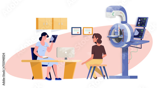 Mammography. Mammogram. Doctor and client. Good news. Remission. Appointment at ongologyst. Breast screening. Breast cancer prevention.