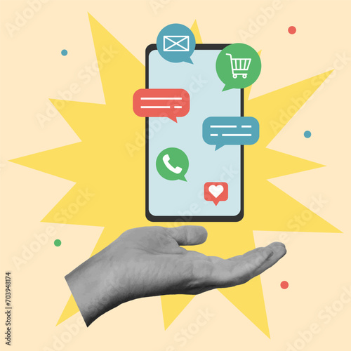 Cut out hand and smartphone. Digital chat bot, conversation, mobile applications concept. Vector illustration