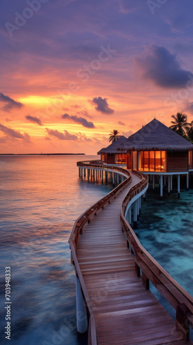 beautiful sunrise view of a tropical paradise island with traditional wooden resort buildings, blue sky, expanse of sea, clear water and coconut trees created with Generative AI Technology © AstraNova