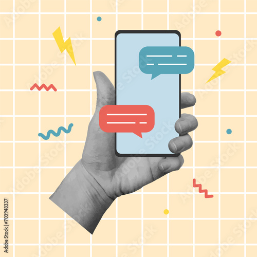 Cut out hand holding smartphone. Digital chat bot, conversation concept. Vector illustration