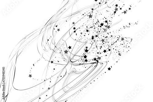 Confetti stars and pencil strokes. The stars fly along the trajectory of the lines. Black, white colors. Festive background. Vector illustration