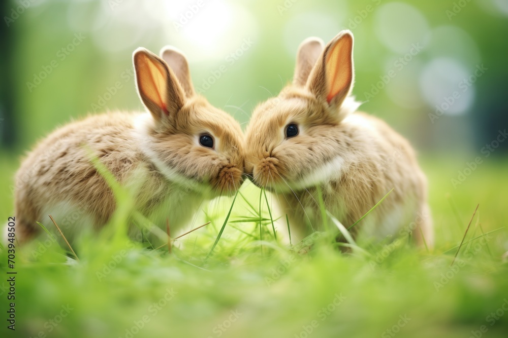 Fototapeta premium two rabbits touching noses in green grass