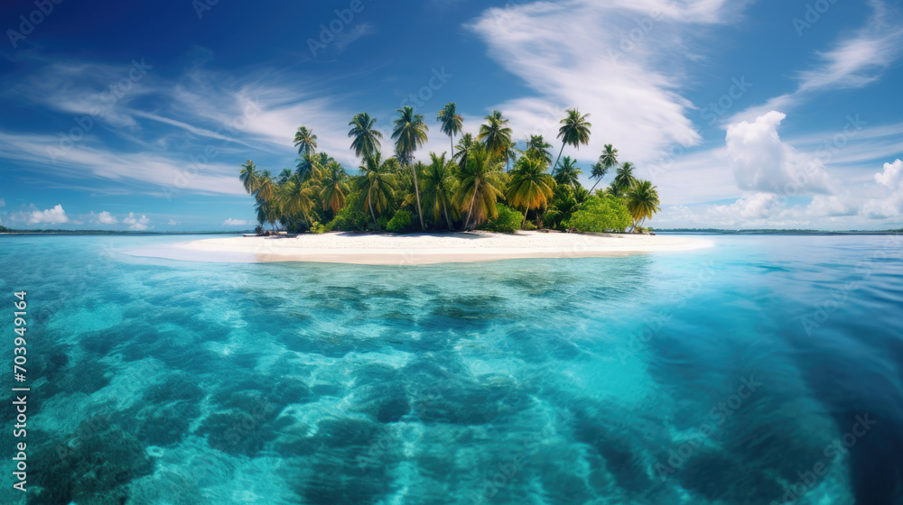 beautiful view of a tropical island with traditional wooden resort buildings, blue sky, expanse of sea, clear water and coconut trees created with Generative AI Technology