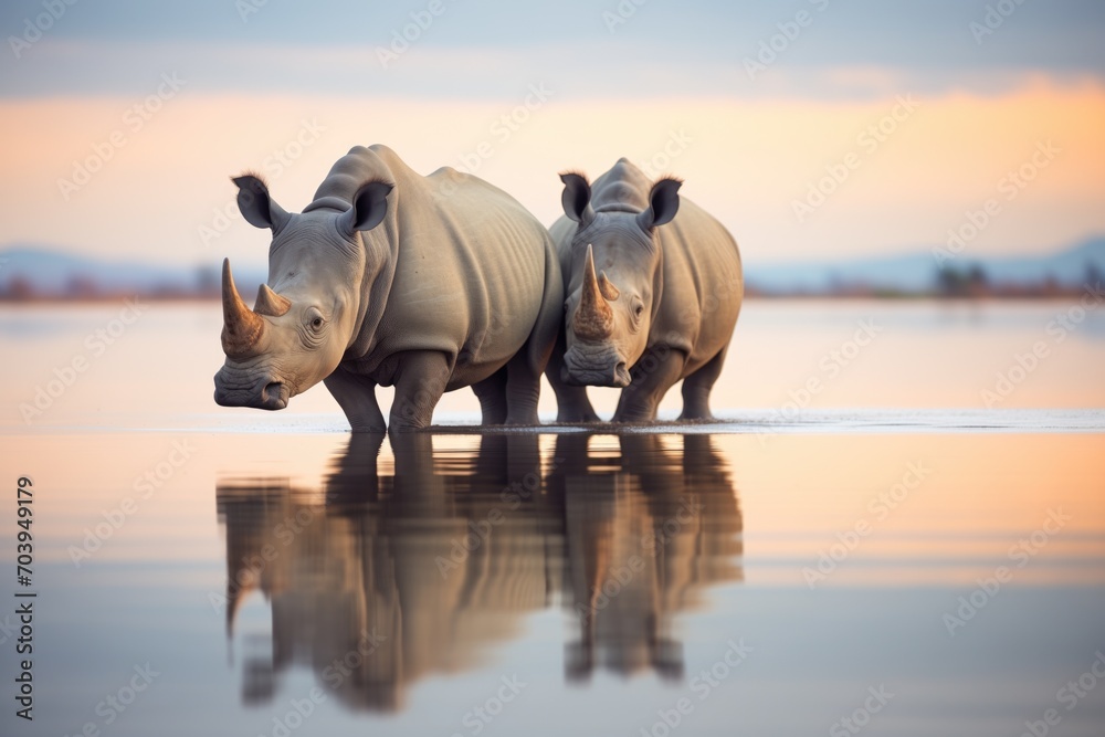 Obraz premium rhinos reflection in calm lake at dusk