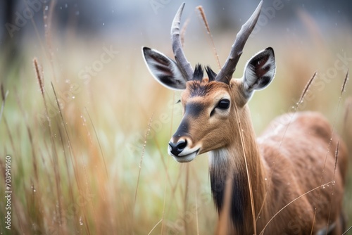 dew-covered grass with roan antelope in background
