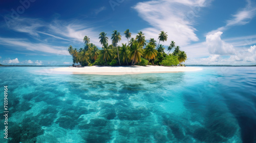 beautiful view of a tropical island with traditional wooden resort buildings  blue sky  expanse of sea  clear water and coconut trees created with Generative AI Technology