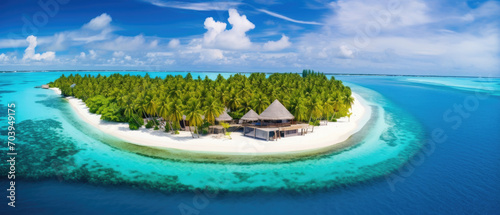 beautiful view of a tropical island with traditional wooden resort buildings  blue sky  expanse of sea  clear water and coconut trees created with Generative AI Technology