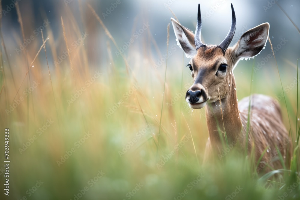 dew-covered grass with roan antelope in background - obrazy, fototapety, plakaty 