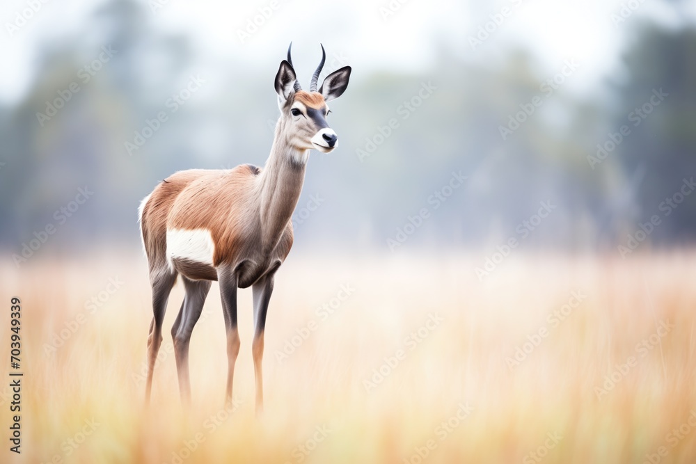 lone roan antelope standing alert on savannah - obrazy, fototapety, plakaty 