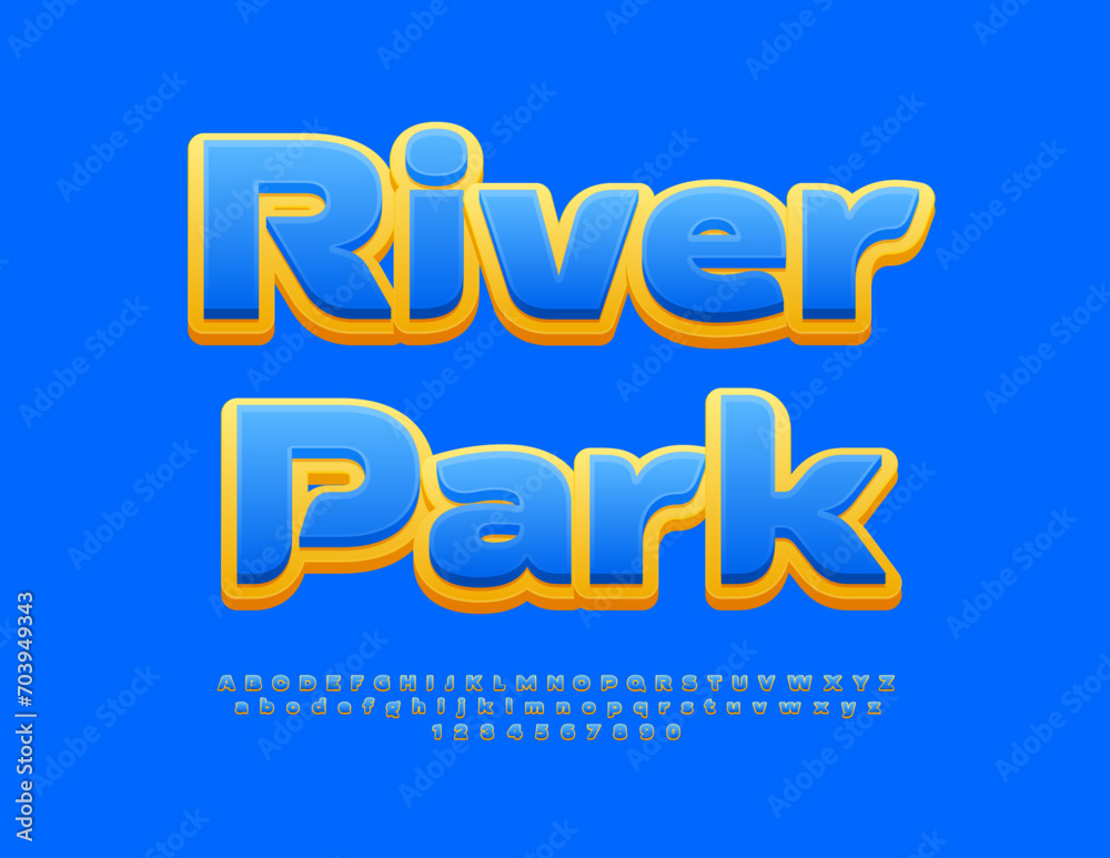 Vector creative flyer River Park. Blue and Yellow Creative Font. Bright Alphabet Letters and Numbers set. 