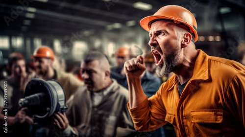Worker in orange helmet, special clothing shouts instructions, warnings in factory, is indignant in blurred background with fellow workers noisy shop floor.Safety rules at work.Workers' strike. Banner photo