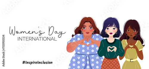 Inspireinclusion. 2024 International Women's Day. Horizontal banner with young diverse ethnicity women showing sign of heart with their hands. Vector design for poster, campaign, social media post.