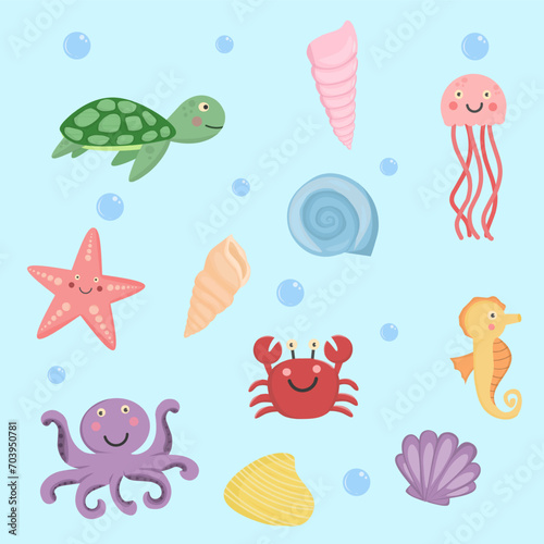 set of sea animals and sea shells 