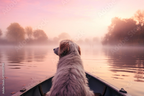 Tranquil Waters: Dog Silhouette on Boat Bow photo