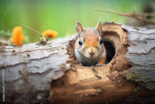 squirrel hiding a nut in a hollow log