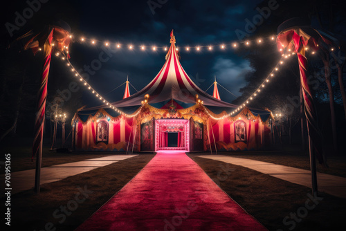 Outside the Big Top: Festive Circus Tent Entry at Night
