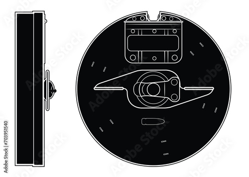 Vector illustration of the Thompson M1921 round magazine in two projections, on the white background. Black. photo