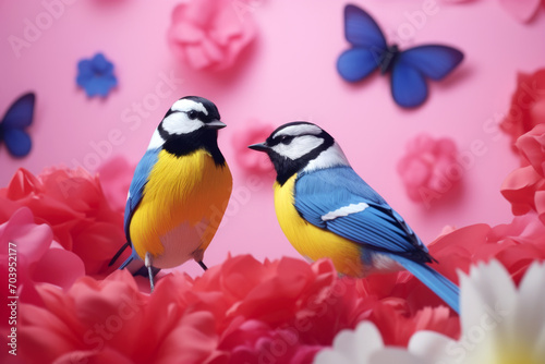 Two colorful birds among pink flowers. The concept represents nature's beauty and romantic symbolism.