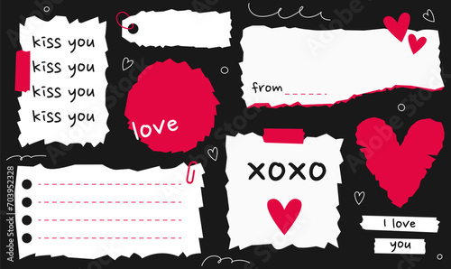 Set of stickers with jagged edges for Valentine’s day. Torn paper pieces collection. Vector collage illustration.