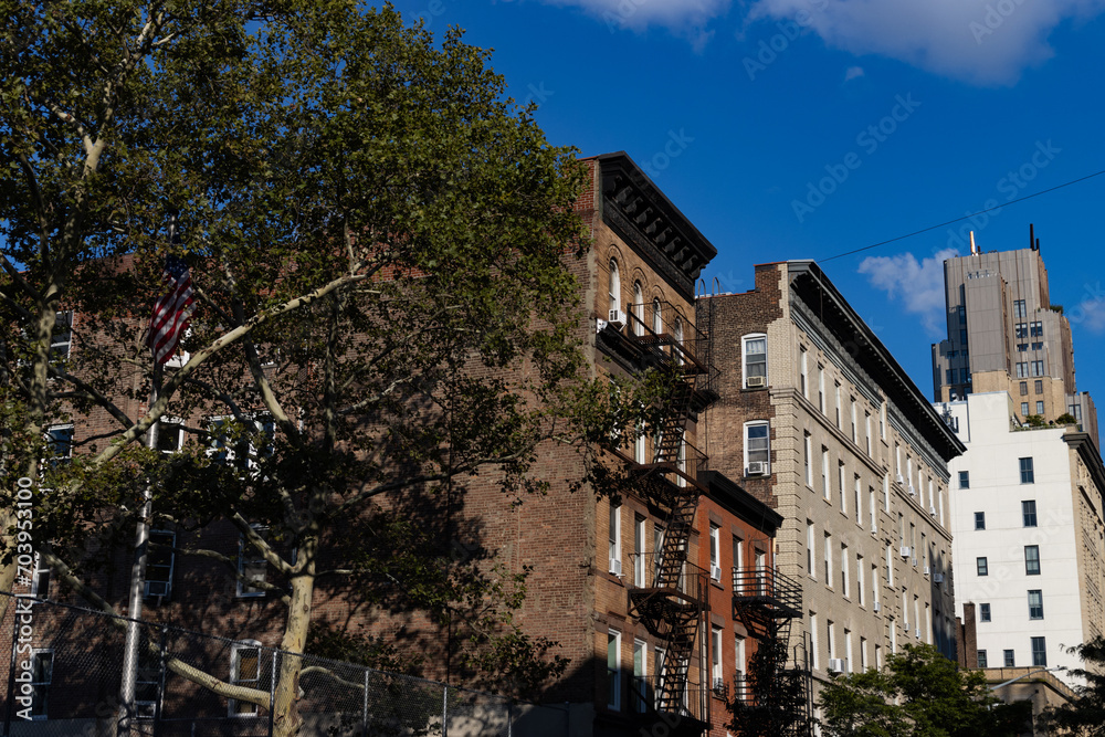 Row of Old Apartment Buildings with Fire Escapes on the Lower East Side of New York City