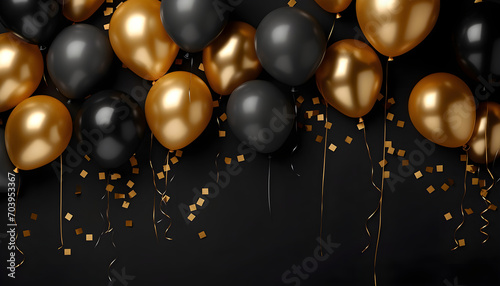 many gold and black balloons on black background top view