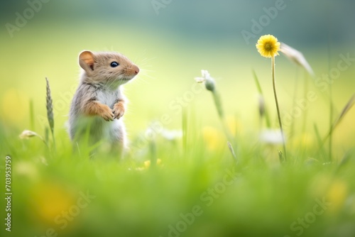 young vole exploring near a dandelion in field photo