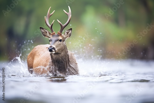 waterbuck splashing water with hooves photo