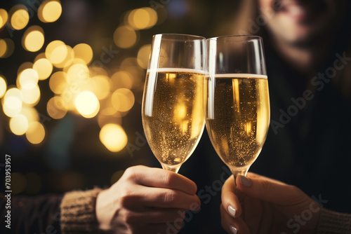 Two hands clinking champagne glasses against blurred background, Bokeh effect. festive New Year's and christmas toast with wishes of happiness